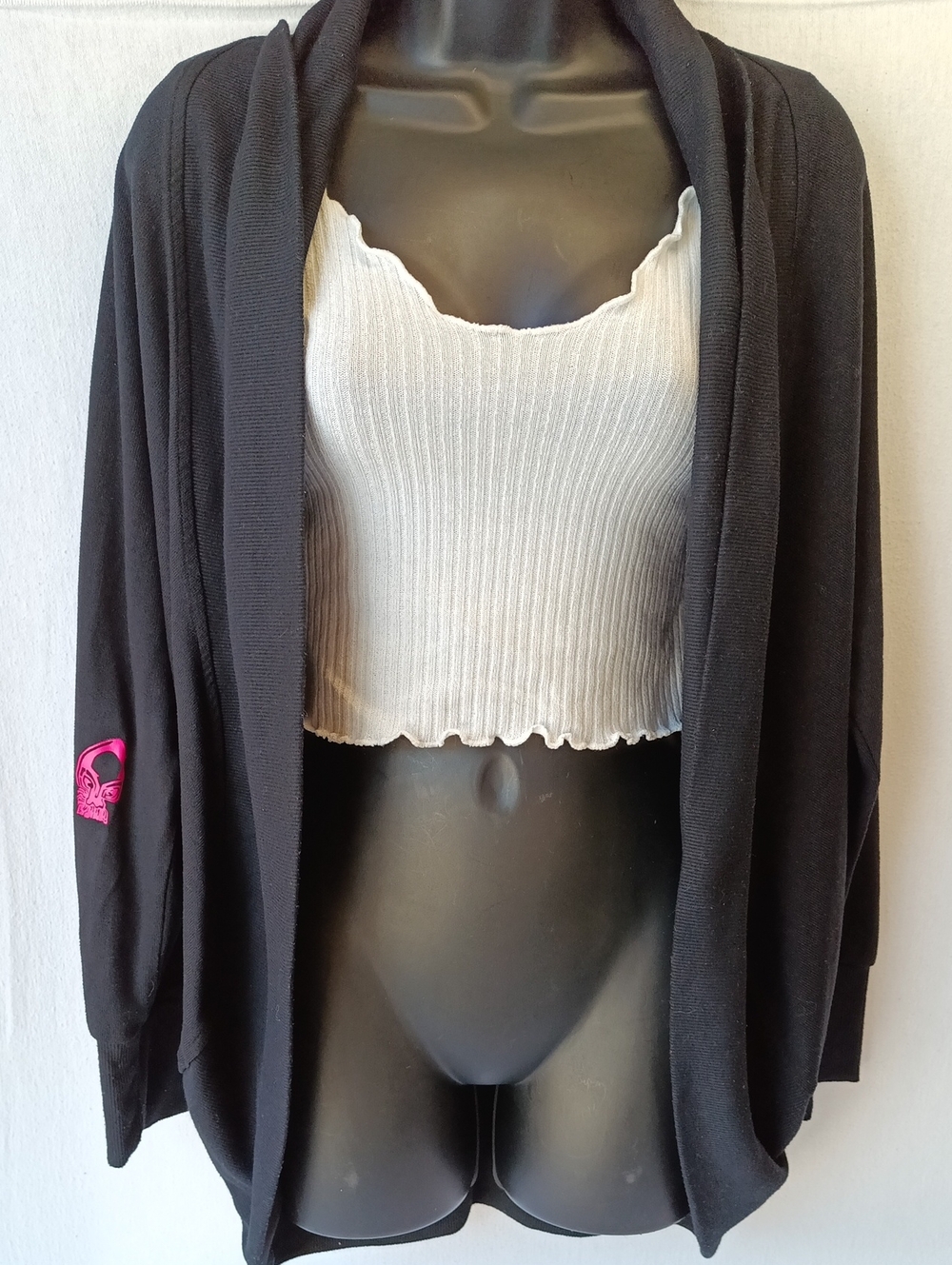 Women’s Black Open-Front Cardigan with Pink Accent